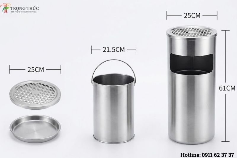 Cấu tạo thùng rác inox A35-A gồm khay gạt tàn chống cháy, thân inox bền bỉ và thùng chứa tiện lợi
